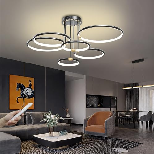 Moderne Dimmbar LED Deckenleuchte Schwarz Ring Wohnzimmerlampe Deckenlampe mit Fernbedienung Metall Runde Kronleuchter Wohnzimmer Küche Schlafzimmer Esszimmer Dekoration Beleuchtung Schwarz, 6 Ring von WJYCYN