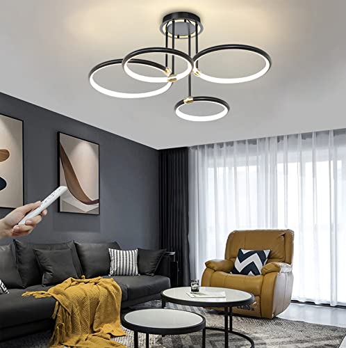 Moderne Dimmbar LED Deckenleuchte Schwarz Schlafzimmer Ring Deckenlampe mit Fernbedienung Metall Runde Kronleuchter Wohnzimmer Küche Schlafzimmer Esszimmer Dekoration Beleuchtung Schwarz, 4 Ring von WJYCYN