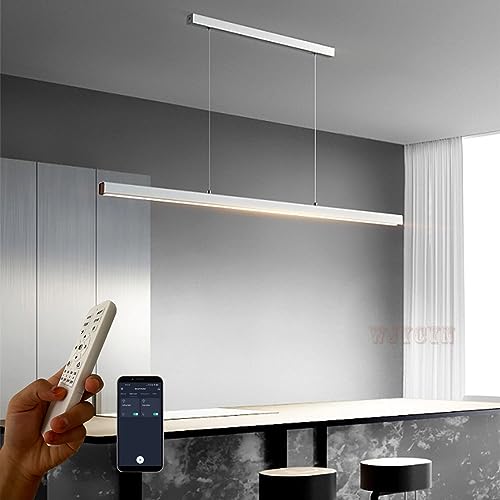 Moderne LED Weiß Pendelleuchte esstisch Dimmbar Acryl-Material Hängeleuchte Esszimmerlampe L150cm 60W Linear Design Pendellampe Holz Kronleuchter mit Fernbedienung Hängelampe für Restaurants Büro von WJYCYN