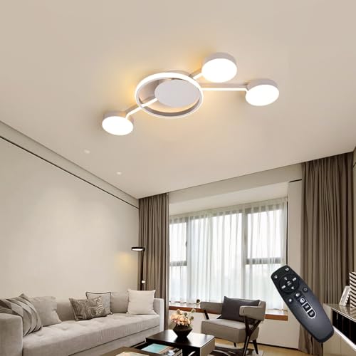 Skandinavischer Stil Multi Lighting Wohnzimmer Deckenleuchte Metall Deckenbeleuchtung Esszimmer Deckenlampe Ring+ Bar dimmbar mit Fernbedienung Schlafzimmer Innendeckenleuchte (Chromoptik, L68cm) von WJYCYN