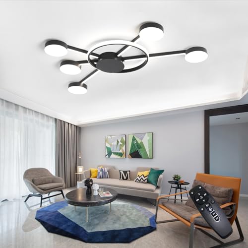 Skandinavischer Stil Multi Lighting Wohnzimmer Deckenleuchte Metall Deckenbeleuchtung Esszimmer Deckenlampe Ring+ Bar dimmbar mit Fernbedienung Schlafzimmer Innendeckenleuchte (Schwarz, L120cm) von WJYCYN
