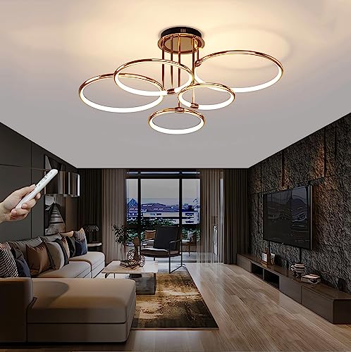 WJYCYN Dimmbar LED Deckenleuchte Gold Ring Deckenlampe mit Fernbedienung Metall Acryl Moderne Runde Kronleuchter Wohnzimmer Küche Schlafzimmer Büro Esszimmer Dekoration Beleuchtung Gold, 5 Ring von WJYCYN