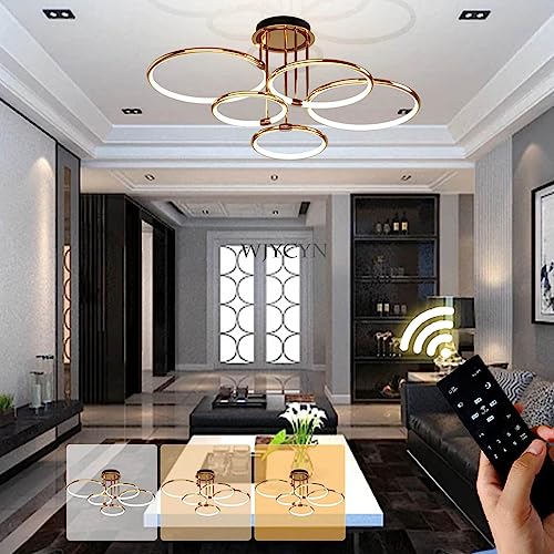 WJYCYN Dimmbar LED Deckenleuchte Modern Design Deckenlampe 3000K-6500K mit Fernbedienung Goldener Ring Deckenbeleuchtung Wohnzimmerleuchte Küche Flur Balkon Esszimmer 5 Flamme 108W von WJYCYN