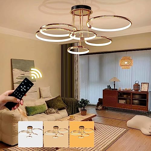 WJYCYN Dimmbar LED Deckenleuchte Modern Design Deckenlampe 3000K-6500K mit Fernbedienung Goldener Ring Deckenbeleuchtung Wohnzimmerleuchte Küche Flur Balkon Esszimmer 6 Flammen 144W von WJYCYN