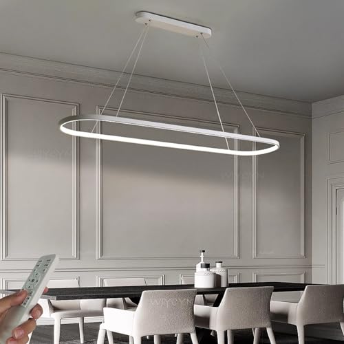 WJYCYN Dimmbar Oval LED Kronleuchter Pendelleuchte moderner Esstisch Büro mit Fernbedienung ring Hängelampe höhenverstellbar Blendfreesszimmer Arbeitszimmer Wohnzimmer Kücheleuchte B:Weiß L120cm 52W von WJYCYN