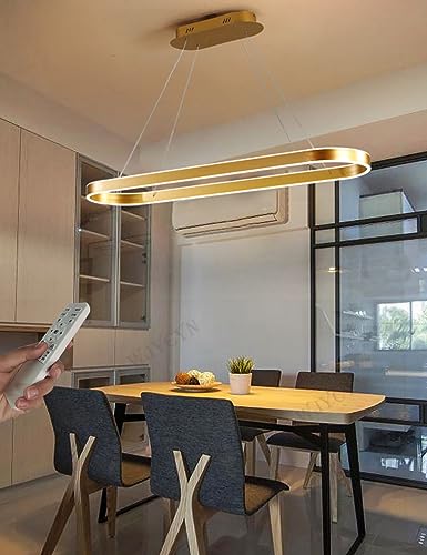 WJYCYN Dimmbar Oval LED-Kronleuchter Pendelleuchte moderner Esstisch Büro mit den Fernbedienung ring Hängelampe höhenverstellbar Blendfreesszimmer Arbeitszimmer Küche leuchte (Gold, L120cm 108W) von WJYCYN