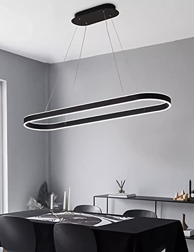 WJYCYN Dimmbar Oval LED-Kronleuchter Pendelleuchte moderner Esstisch Büro mit den Fernbedienung ring Hängelampe höhenverstellbar Blendfreesszimmer Arbeitszimmer Küche leuchte (Schwarz, L120cm 108W) von WJYCYN