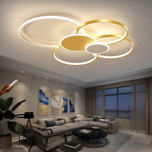 WJYCYN Dimmbare Große Wohnzimmer leuchte Weiß&Gold LED 6 Ring Deckenleuchte Moderne Schlafzimmerleuchten mit Fernbedienungen Deckenbeleuchtung Metall Acryl Deckenlampe Büro 6 Flammen L80cm 70W von WJYCYN