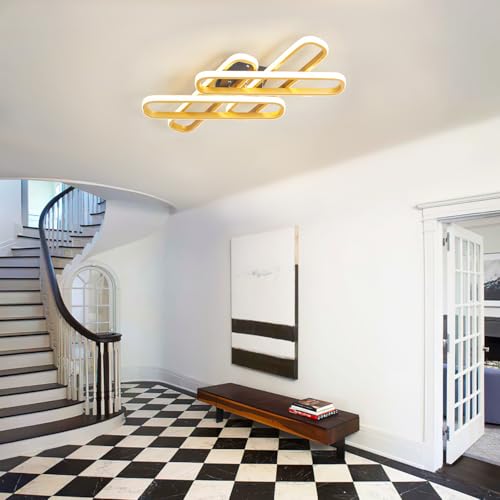 WJYCYN Dimmbare LED-Deckenleuchte 3000-6500K mit Fernbedienung Schlafzimmer Deckenlampe 4 Flammen Runde Ecke Rechteck Esszimmer Innendeckenleuchte Wohnzimmer Deckenbeleuchtung (Gold, L55cm 70W) von WJYCYN