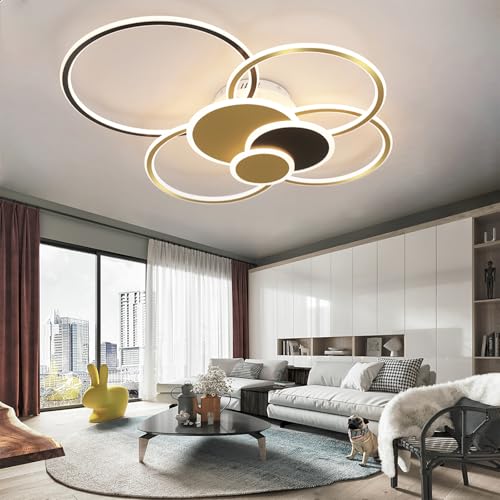 WJYCYN Dimmbare LED-Deckenleuchte mit Fernbedienung | Große Wohnzimmer 7-Ring Design,125W,Helligkeit einstellbar| Modern Wohnzimmer Schlafzimmer Deckenlamp(Gold&Schwarz,L:100 * 80cm) von WJYCYN
