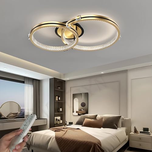 WJYCYN Dimmbare LED-Wohnzimmerleuchte Drahtziehen Gold Ring Deckenleuchte L58cm mit Fernbedienung Schlafzimmerleuchte Kristall Dekorative Deckenbeleuchtung Geeignet für Esszimmer Büro 2 Flammen von WJYCYN