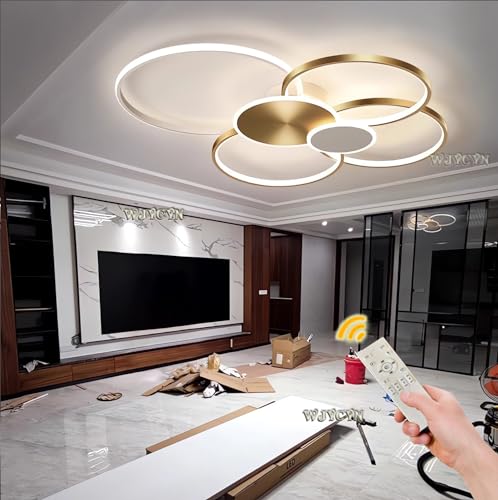 LED Deckenlampe Dimmbar Ring Deckenleuchte Modern Wohnzimmerlampe mit Fernbedienung Innen Kronleuchter für Wohnzimmer, Schlafzimmer, Küche, Flur, Balkon, Esszimmer Gold, 100cm von WJYCYN