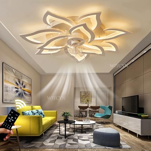 WJYCYN LED Deckenventilator Mit Beleuchtung LED dimmbare Deckenleuchte moderne Lounge Weiß Deckenleuchte mit Ventilator DIY kreative geometrische Schlafzimmer Deckenlampe Ø81cm 145W von WJYCYN