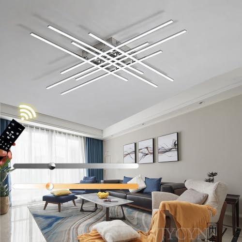 WJYCYN LED Linear Deckenleuchte Dimmbar Chrom Design Wohnzimmer Leuchten Unterputz Deckenlampe 3000-6000K Mit Fernsteuerung Schlafzimmer Esszimmer Pendelleuchte (Groß Ø120cm 95W) von WJYCYN