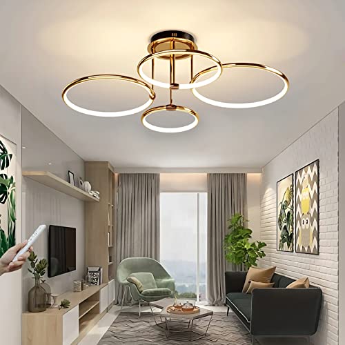 WJYCYN Moderne Dimmbar LED Deckenleuchte Gold Ring Deckenlampe mit Fernbedienung Metall Acryl Runde Kronleuchter Wohnzimmer Küche Schlafzimmer Büro Esszimmer Dekoration Beleuchtung Gold, 4 Ring von WJYCYN