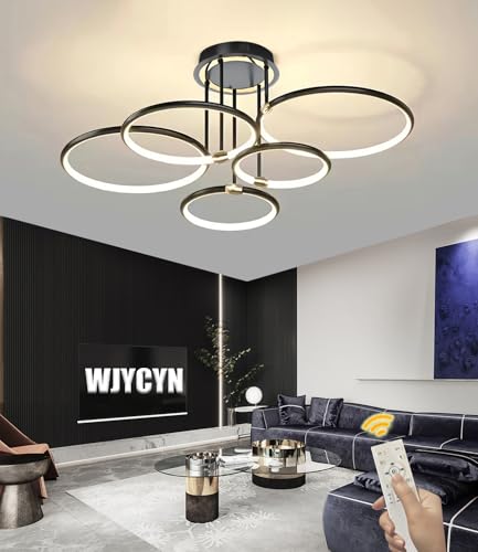 WJYCYN Moderne Dimmbar LED Deckenleuchte Schwarz Ring Deckenlampe mit Fernbedienung Metall Acryl Runde Kronleuchter Wohnzimmer Küche Schlafzimmer Büro Esszimmer Dekoration Beleuchtung Schwarz, 5 Ring von WJYCYN