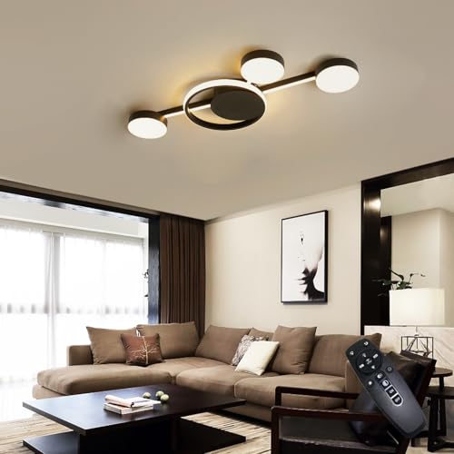 WJYCYN Skandinavischer Stil Multi Lighting Wohnzimmer Deckenleuchte Metall Deckenbeleuchtung Esszimmer Deckenlampe Ring+ Bar dimmbar mit Fernbedienung Schlafzimmer Innendeckenleuchte (Schwarz, L68cm) von WJYCYN