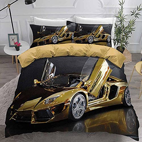 WHUOEUCO Bettwäsche Set Goldener Sportwagen Bettbezug Set Erwachsene Kinder Weich Atmungsaktiv Microfaser Betten Set mit Reißverschluss und 2 Kissenbezug 155 x 220 cm von WHUOEUCO