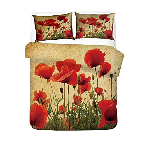 WJYMJJ Bettbezug Set Rote Mohnblumen Bettwäsche Set mit Reißverschluss 1 Mikrofaser Bettbezug und 2 Kopfkissenbezüge, 100% Weiche Angenehme 135 x 200 cm von WJYMJJ