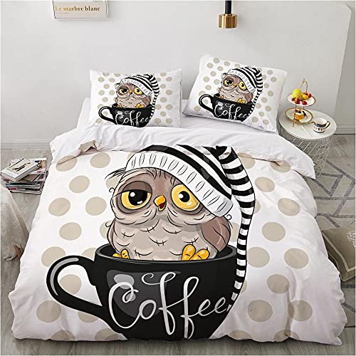 WJYMJJ Microfaser Bettbezug Set Kaffee-Eule Bettwäsche Set Super weich bequem Doppelbett Bettbezug mit Reißverschluss und 2 Kissenbezüge 135 x 200 cm von WJYMJJ