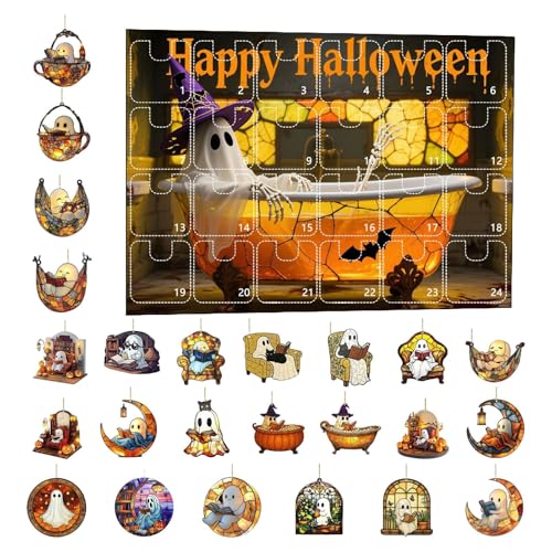 WJnflQN Halloween Acryl Ornamente - 2D Acryl Lese-Geist Halloween Ornamente Set - 24 Türchen Mit Anhängern Für Party Baum Tür Wand Auto Innenspiegel Deko von WJnflQN