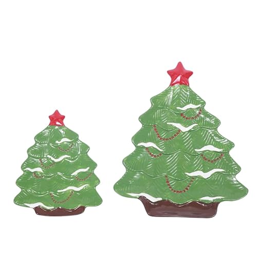 Dekorative Keramik Weihnachtsbaum Servierschalen grün und rot schneebedecktes Design mit Sternspitze Feiertagsgeschirr 2-teiliges Set (2) von WK WENKRYGDN