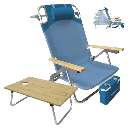 WKFAMOUT Rucksack Strandstuhl Klappbar mit Klapptisch Bambus 5 Positionen Niedrig Faltbar Campingstuhl Klappstuhl mit Verstellbarer Rückenlehne Kühltasche Nackenkissen für Strand Blau von WKFAMOUT