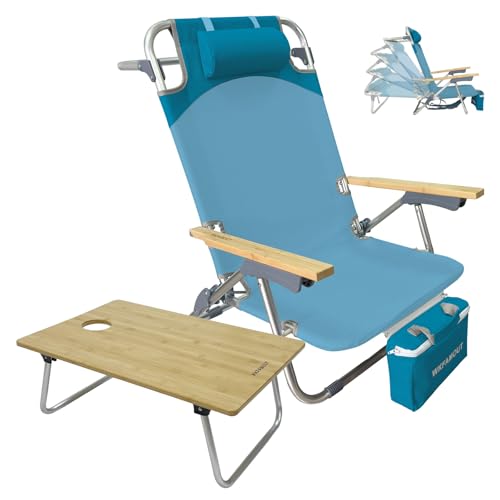WKFAMOUT Rucksack Strandstuhl Klappbar mit Klapptisch Bambus 5 Positionen Niedrig Faltbar Campingstuhl Klappstuhl mit Verstellbarer Rückenlehne Kühltasche Nackenkissen für Strand Cyan von WKFAMOUT