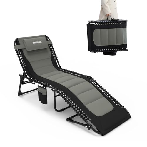 WKFAMOUT Sonnenliege Klappbar Gartenliege 5 Verstellbarer Rückenlehne Outdoor Faltbar Dreibeinliege Strandliege Campingbett bis 120KG mit Kissen Seitentasche 190x59CM Grau von WKFAMOUT