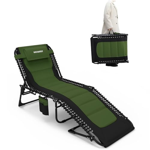 WKFAMOUT Sonnenliege Klappbar Gartenliege 5 Verstellbarer Rückenlehne Outdoor Faltbar Dreibeinliege Strandliege Campingbett bis 120KG mit Kissen Seitentasche 190x59CM Grün von WKFAMOUT