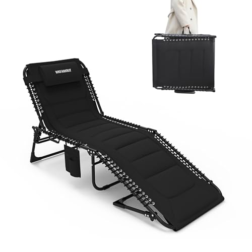 WKFAMOUT Sonnenliege Klappbar Gartenliege 5 Verstellbarer Rückenlehne Outdoor Faltbar Dreibeinliege Strandliege Campingbett bis 120KG mit Kissen Seitentasche 190x59CM Schwarz von WKFAMOUT