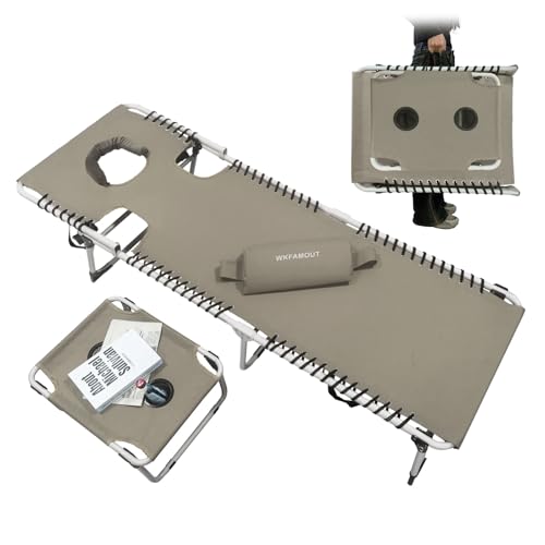 WKFAMOUT Sonnenliege Klappbar mit Loch für Gesicht und Arme 5-Stufig Verstellbarer Rückenlehne Strandliege Campingliege Gartenliege Relaxliege mit Klapptisch Kissen 190x59CM Khaki von WKFAMOUT
