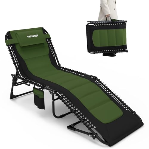 WKFAMOUT Übergroß Sonnenliege Klappbar Gartenliege 5 Verstellbarer Rückenlehne Outdoor Faltbar XXL Dreibeinliege Strandliege Campingbett bis 150KG mit Kissen Seitentasche 200x68CM Grün von WKFAMOUT