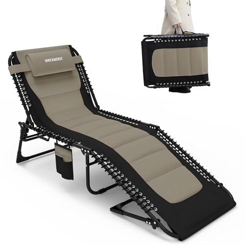 WKFAMOUT Übergroß Sonnenliege Klappbar Gartenliege 5 Verstellbarer Rückenlehne Outdoor Faltbar XXL Dreibeinliege Strandliege Campingbett bis 150KG mit Kissen Seitentasche 200x68CM Khaki von WKFAMOUT