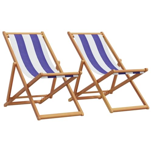 Faltbare Strandstühle, 2 Stück, blauer und weißer Stoff und Massivholz, Outdoor-Sitzgelegenheit, Outdoor-Stühle von WKIEQACO
