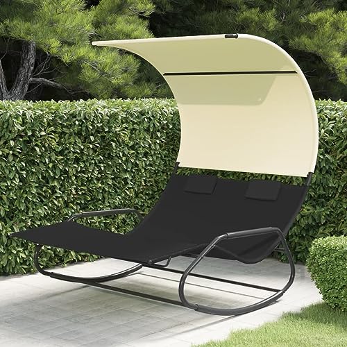 Schaukelliege Doppel-Sonnenliege mit Baldachin, Schwarz und Creme, Outdoor-Sitzliege von WKIEQACO