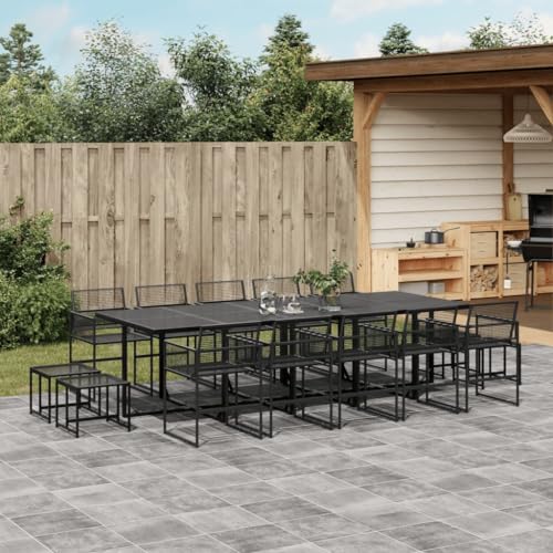 WKIEQACO 15-teiliges Garten-Esszimmer-Set, schwarz, Poly-Rattan, Outdoor-Sets von WKIEQACO