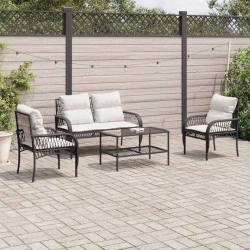 WKIEQACO 4-teiliges Gartensofa-Set mit Kissen, schwarzes Poly-Rattan, Outdoor-Sets von WKIEQACO