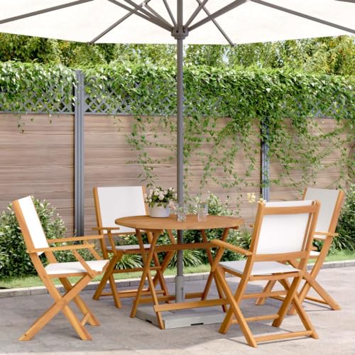 WKIEQACO 5-teiliges Garten-Esszimmer-Set, cremeweißer Stoff und Massivholz, Outdoor-Sets von WKIEQACO