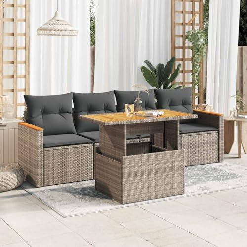 WKIEQACO 5-teiliges Gartensofa-Set mit Kissen grau Polyrattan Akazie Outdoor Sets von WKIEQACO