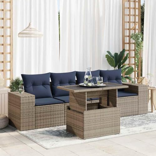 WKIEQACO 5-teiliges Gartensofa-Set mit Kissen grau Polyrattan Akazie Outdoor Sets von WKIEQACO