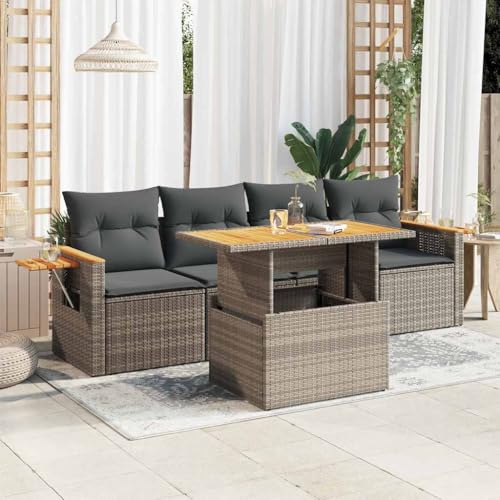 WKIEQACO 5-teiliges Gartensofa-Set mit Kissen grau Polyrattan Akazie Outdoor Sets von WKIEQACO