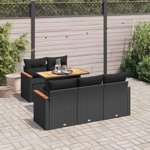 WKIEQACO 6-teiliges Gartensofa-Set mit Kissen, schwarz, Polyrattan, Akazie, Outdoor-Sets WKIEQACO 6-teiliges Gartensofa-Set mit Kissen, schwarz, Polyrattan, Akazie, Outdoor-Sets von WKIEQACO