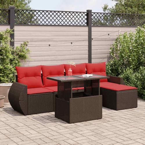 WKIEQACO 6-teiliges Gartensofa-Set mit Kissen braun Polyrattan Akazie Outdoor Sets von WKIEQACO