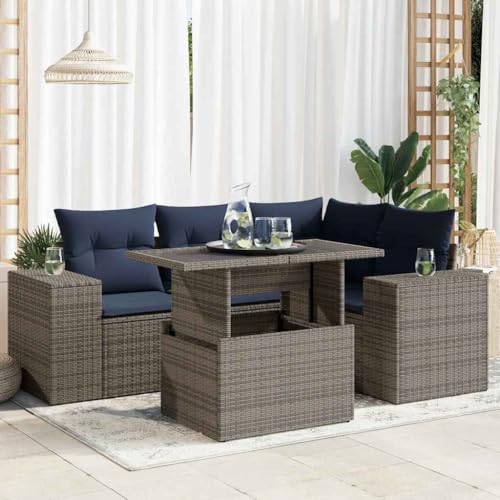 WKIEQACO 6-teiliges Gartensofa-Set mit Kissen grau Polyrattan Akazie Outdoor Sets von WKIEQACO