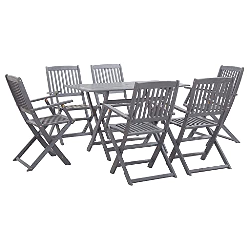 WKIEQACO 7-teiliges Garten-Esszimmer-Set, massives Akazienholz, grau, Outdoor-Sets von WKIEQACO