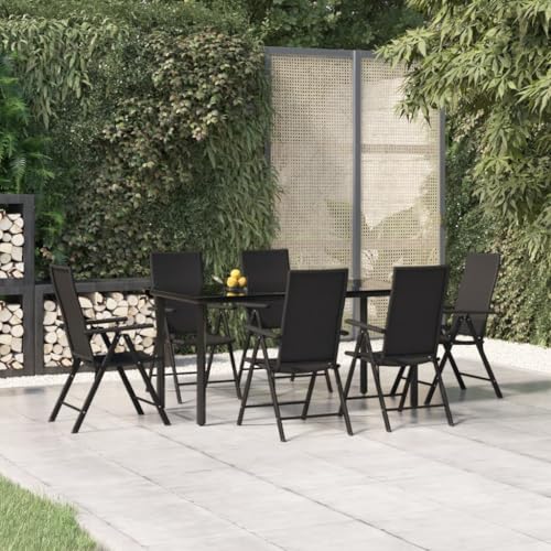 WKIEQACO 7-teiliges Garten-Esszimmer-Set, schwarzes Poly-Rattan, Outdoor-Sets von WKIEQACO