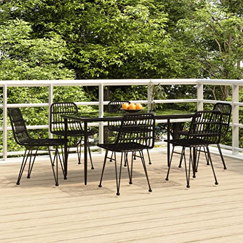 WKIEQACO 7-teiliges Garten-Esszimmer-Set, schwarzes Poly-Rattan, Outdoor-Sets von WKIEQACO