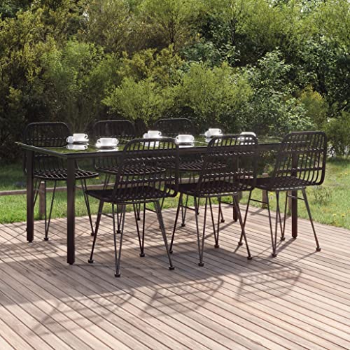 WKIEQACO 7-teiliges Garten-Esszimmer-Set, schwarzes Poly-Rattan, Outdoor-Sets von WKIEQACO
