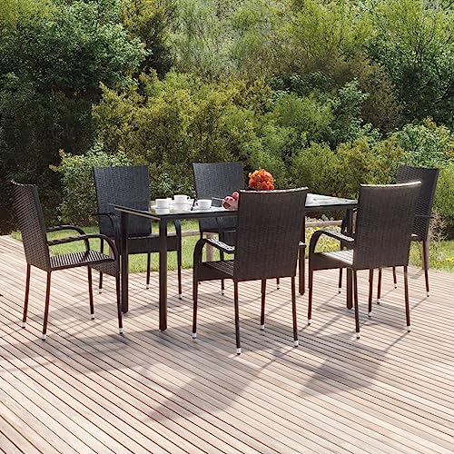 WKIEQACO 7-teiliges Garten-Esszimmer-Set, schwarzes Poly-Rattan, Outdoor-Sets von WKIEQACO